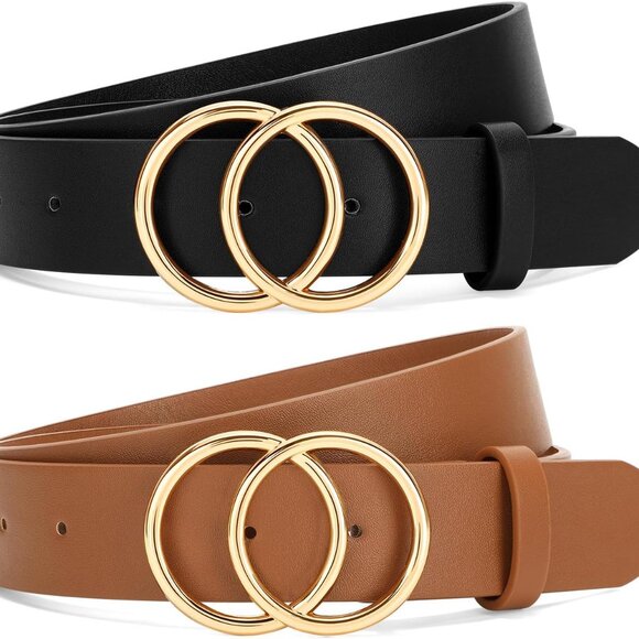 2 Pack Women Leather Belts Faux Leather Jeans Belt with Double O Ring Buckle - Picture 1 of 5